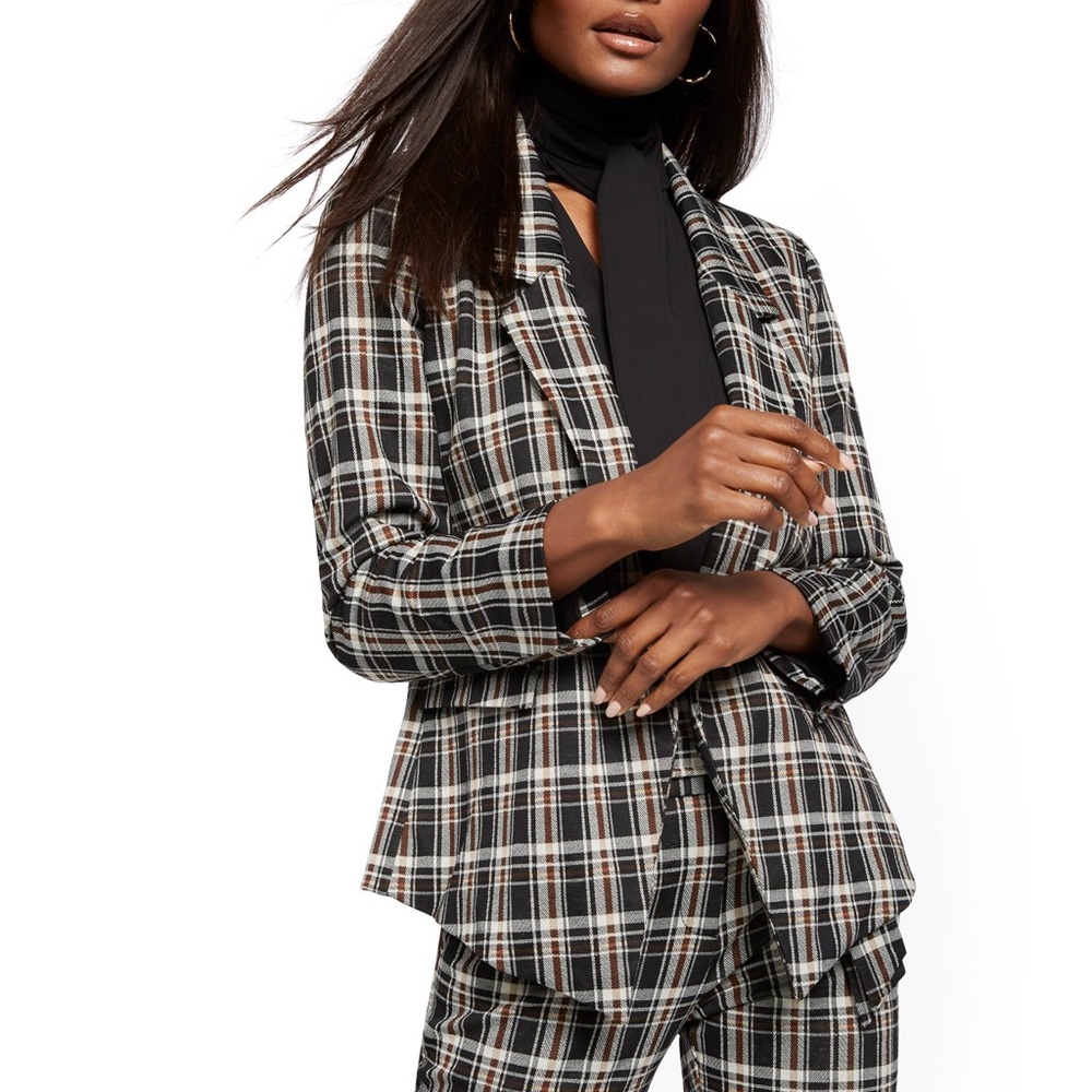 7th Avenue Plaid Brown Black & Cream Blazer Womens Size Medium